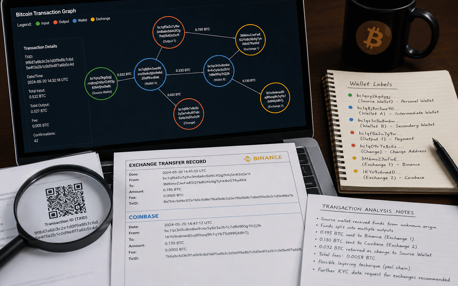 Bitcoin recovery review showing BTC transaction graphs and exchange documentation.